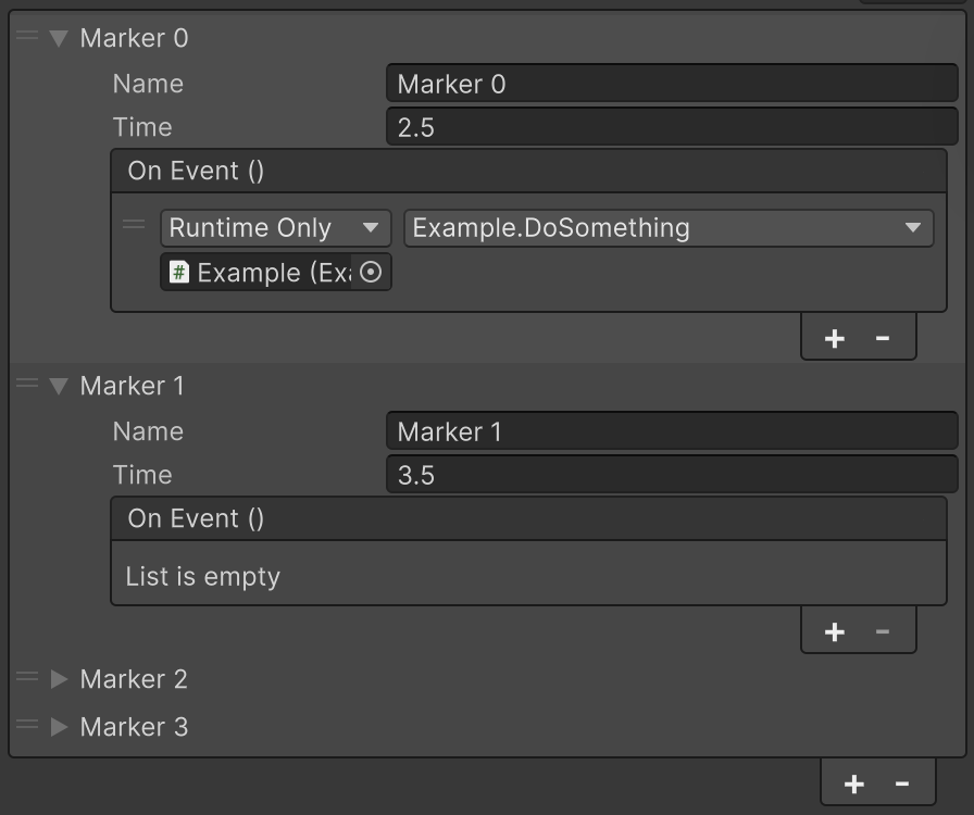 Marker Inspector showing a named timestamp and UnityEvent callback